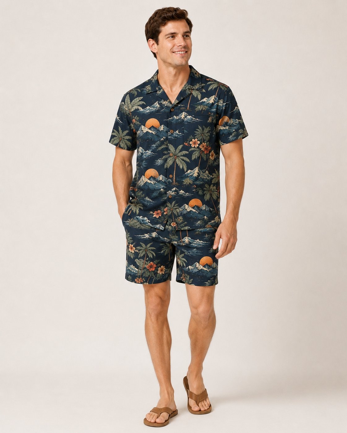 Tropical Sunset Adventure Men's Hawaiian Shirt and Shorts Set