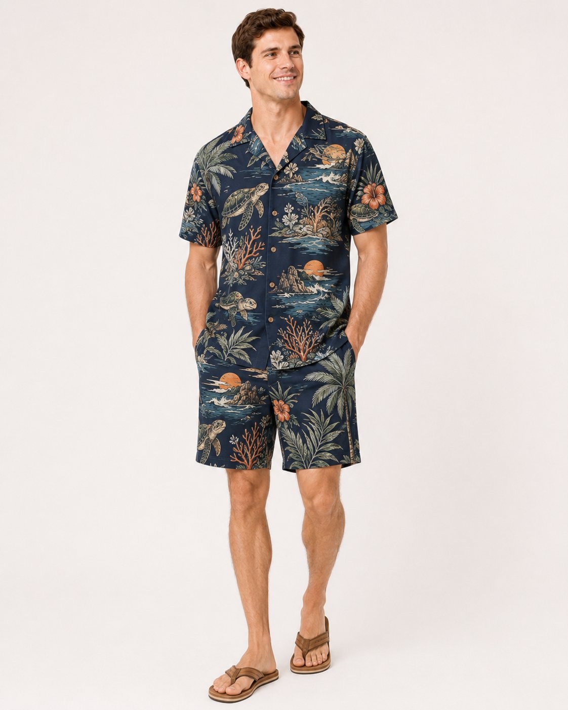 Sea Turtle Cove Adventure Men's Hawaiian Shirt and Shorts Set