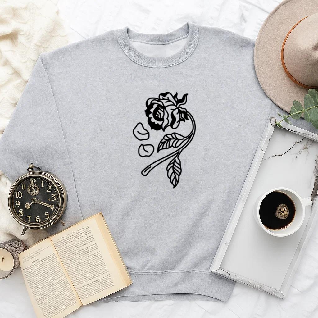 Elegant Black Rose Illustration With Petals Sweatshirt