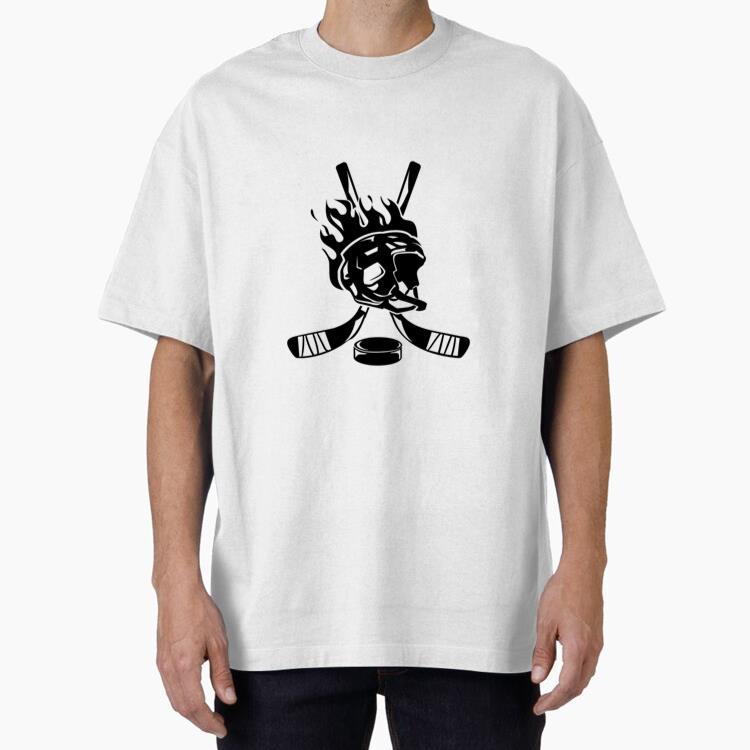 Hockey Helmet On Fire And Sticks Badge Oversized T-Shirt