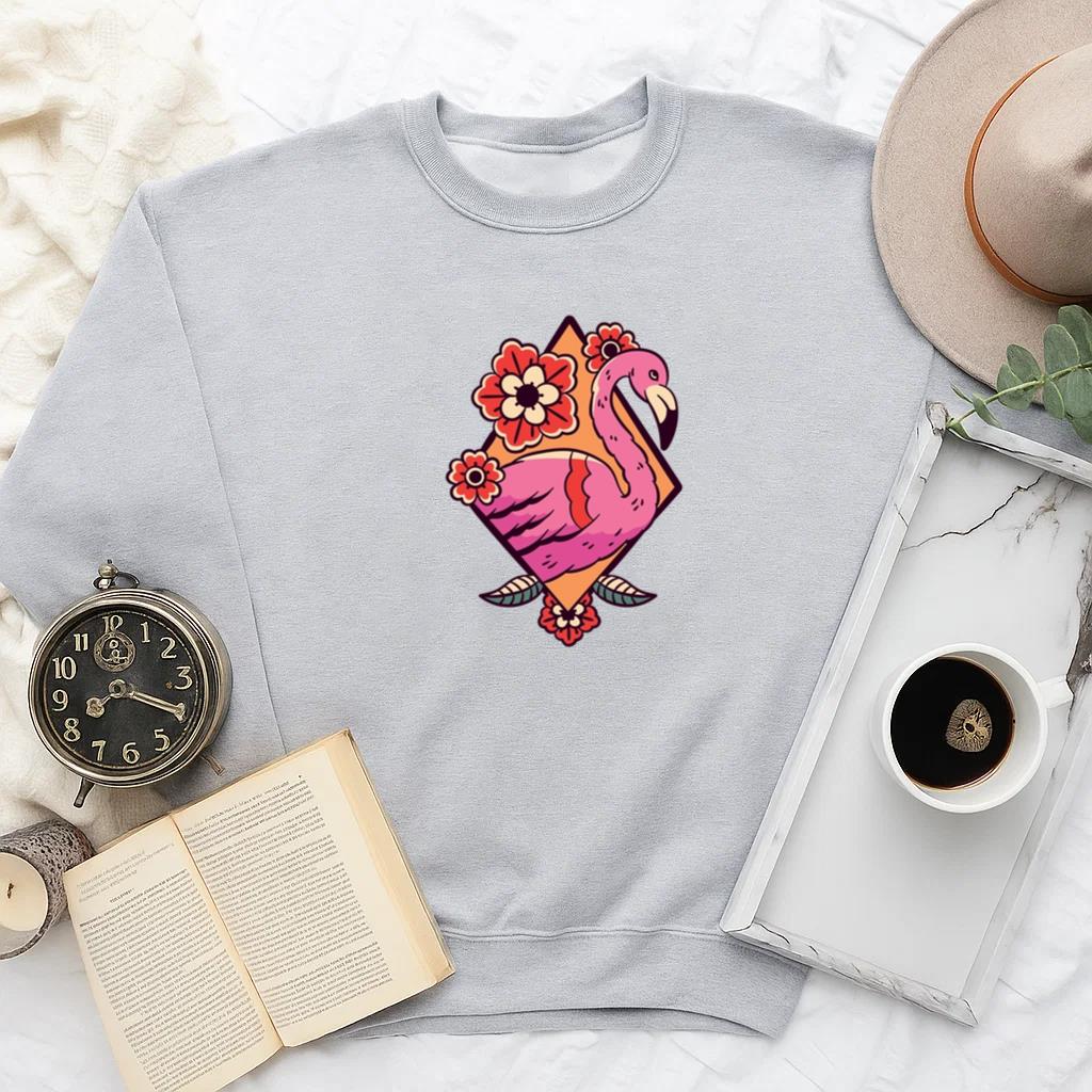 Playful Flamingo Illustration With Floral Accents Sweatshirt