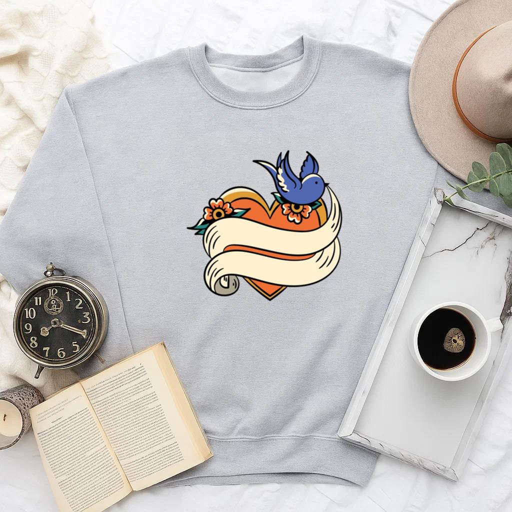 Vintage Tattoo Style Heart And Bird Design Sweatshirt