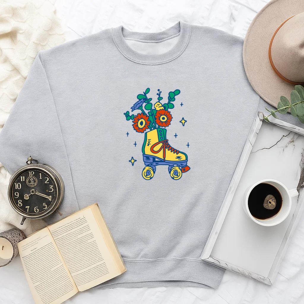 Whimsical Floral Roller Skate Design Sweatshirt