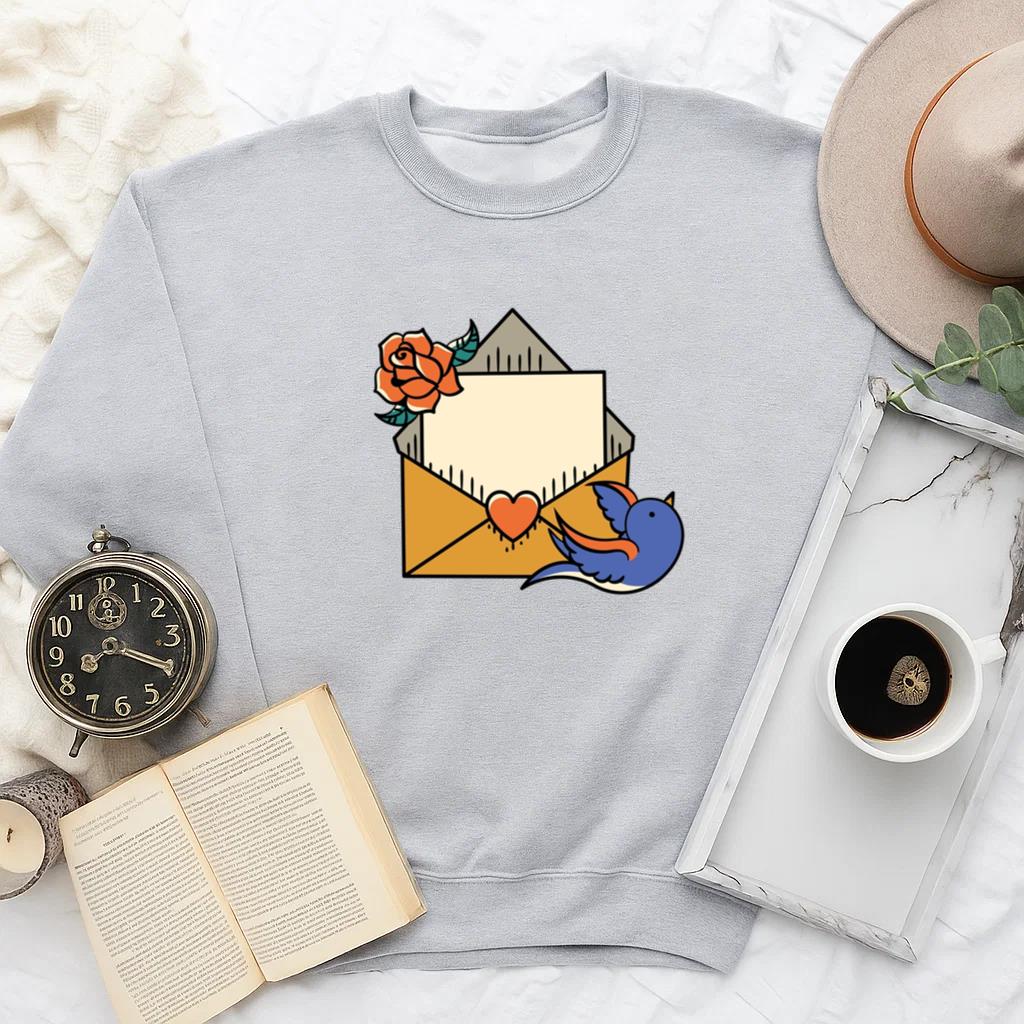 Whimsical Love Letter Illustration With Rose And Bird Sweatshirt